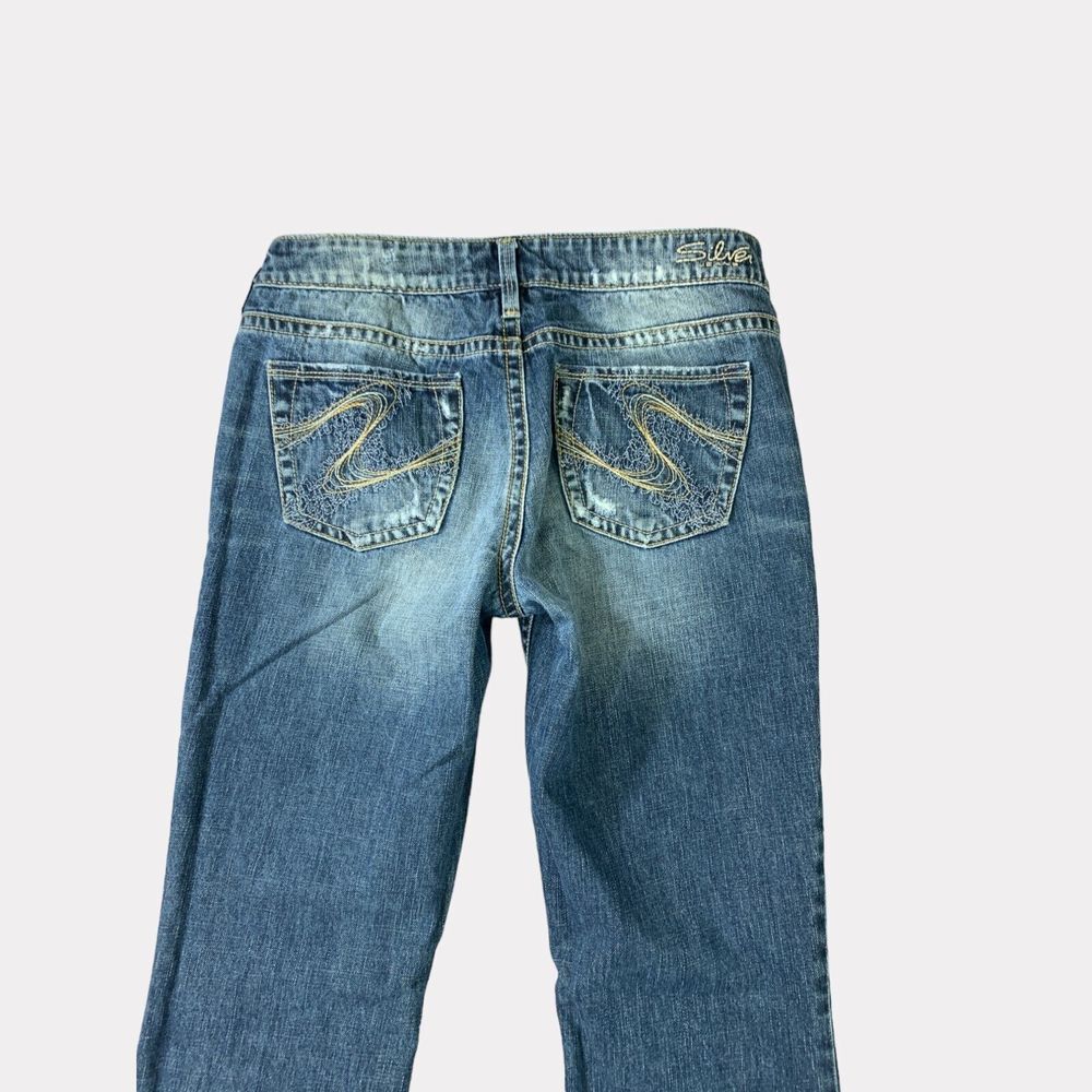 Silver Jeans Womens  28x32 Blue Aiko Flare Distressed‎ Whiskered Stretch Denim - Picture 12 of 16